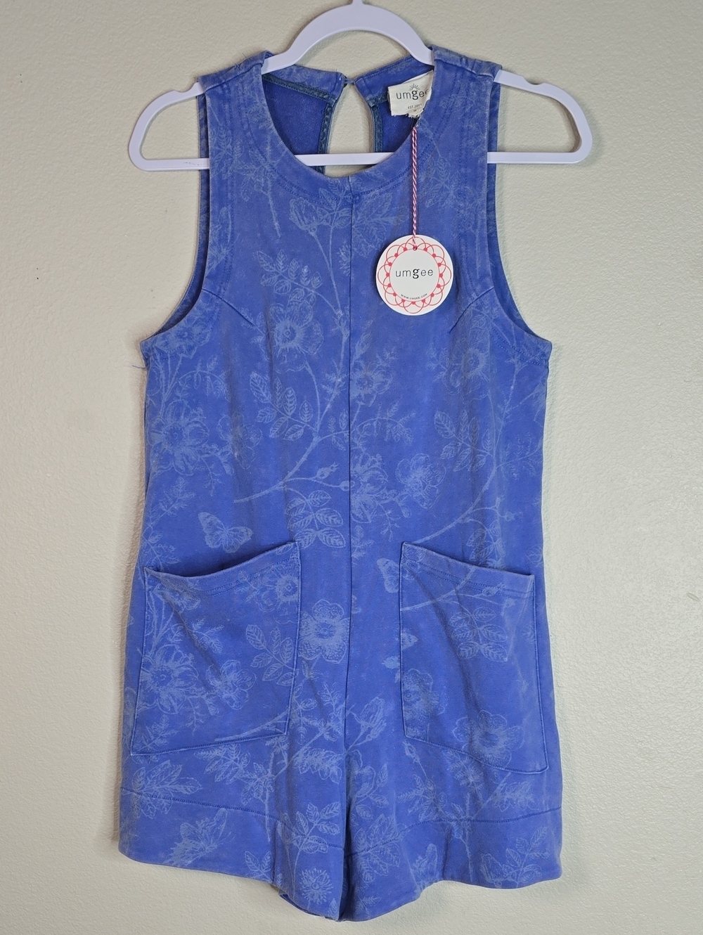 Umgee Blue mineral Washed Floral Pocket Romper Size Small Nwt.